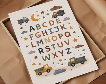 Alphabet Nursery Print, Construction Trucks ABC Kids Wall Art (Digital Download)