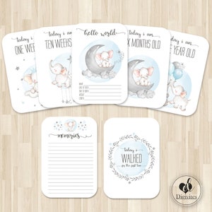Cartes jalons bébé garçon | 40 cartes Jalon et Moments | Accessoires photo | Cartes d'étape | Cadeau baby shower | Nouveau cadeau de bébé | Éléphants