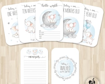 Baby Boy Milestone Cards | 40 Milestone and Moments Cards | Photo Props | Milestone cards | Baby Shower Gift | New baby gift | Elephants