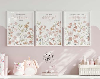 Wildflower Nursery Wall Art, Boho Christian Decor, Scripture Prints