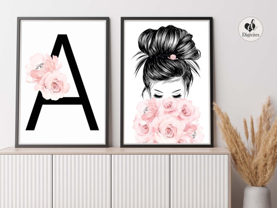 Set of 2 designer girl teen wall art. Woman sketch looking at roses and  personalised initial print with matching roses. Girls bedroom art