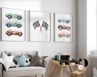May include: Three framed prints with a racing theme. The prints feature vintage toy race cars in various colors, including green, blue, red, and orange. The center print features a black and white checkered flag.