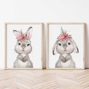 Digital Bunny Rabbit Nursery wall art, Nursery room prints, Set of 2 Woodland animal prints, Girls bedroom decor, Printable animal prints