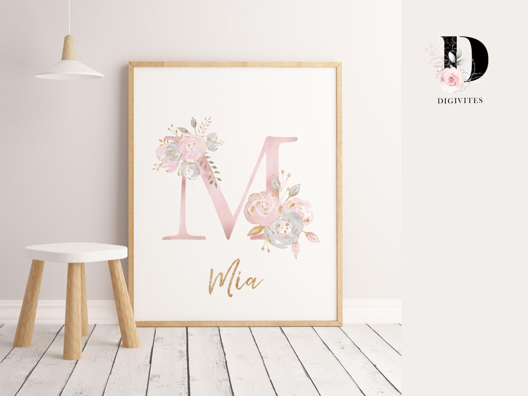 Personalised Blush Pink Floral Initial & Name Nursery Wall Art Print ...