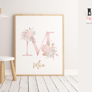 Impresión de arte de pared para guardería con inicial y nombre floral en rosa ruborizado personalizado, letrero con nombre personalizado, regalo de baby shower, regalo de bautismo, decoración de habitación de niñas