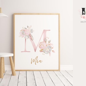 Personalised Blush pink floral initial & name Nursery wall art print, Custom name sign, Baby shower gift, Baptism gift, girls room decor