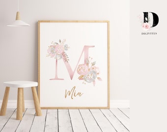 Personalised Blush pink floral initial & name Nursery wall art print, Custom name sign, Baby shower gift, Baptism gift, girls room decor