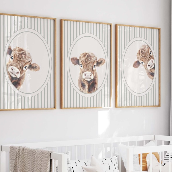 Highland Cow Nursery Print Set, Sage Green Farm Animal Decor (Digital Prints)