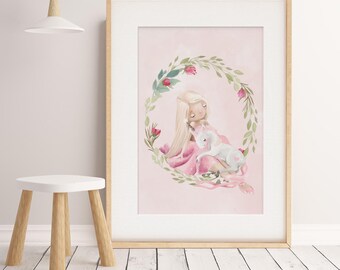 Baby Girl Nursery Bedroom Wall art featuring a a little girl with her unicorn in a floral wreath. Watercolour Nursery Art prints.