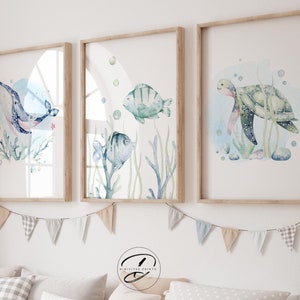 Juego de 3 láminas de animales marinos, láminas para habitación infantil del océano, láminas bajo el océano, láminas de ballenas, decoración para habitación infantil, láminas para sala de juegos, arte imprimible para habitación infantil