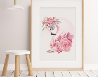 Baby Girl Nursery Bedroom Wall art featuring a Flamingo surrounded by Watercolour Roses. Girls bedroom Print, Pink Flamingo Art