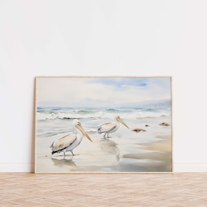 Pelican Beach Wall Art Print, Coastal Bird Decor, Seaside Ocean Wildlife Print, Digital Coastal Artwork, Nature Beach House Decor, Bird Art