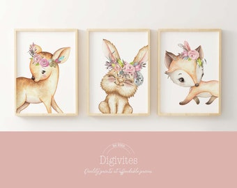 May include: Three watercolor illustrations of woodland animals wearing flower crowns. A fawn, a bunny, and a fox are depicted in a whimsical style.