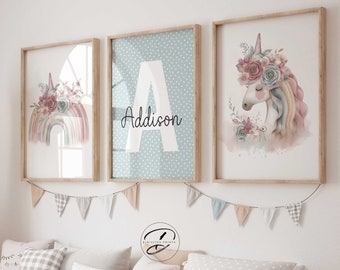 Personalized Unicorn Rainbow Nursery Art Set, Girls Room Decor