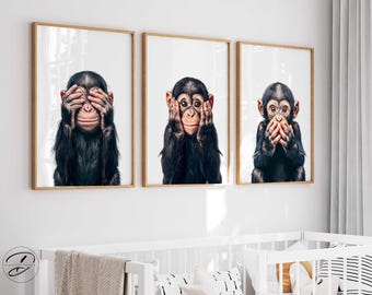 Three Wise Monkeys Nursery Print, Safari Animal Wall Art
