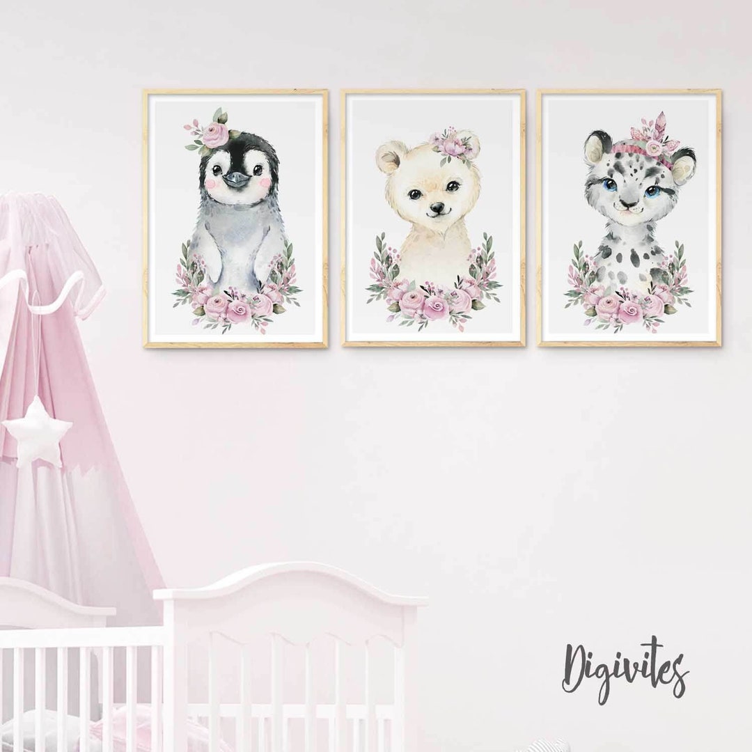 Baby Girl Nursery Wall Art 3 Set Print. Baby Animal Prints. Floral ...