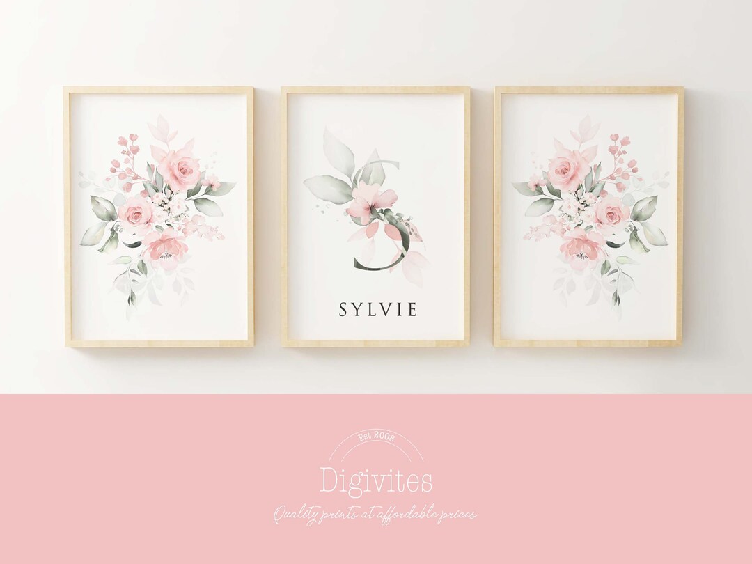 Floral Personalised Nursery Wall Art in Blush Pink. Girl Nursery Decor ...