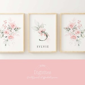 Arte floral personalizado para pared de bebé en rosa pálido. Decoración para habitación de niña, lámina para habitación de bebé, lámina personalizada con nombre y ramo, rosas.