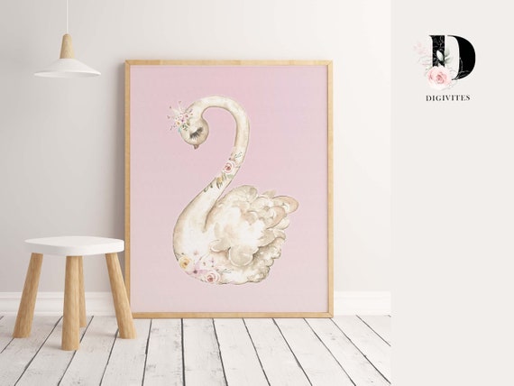 水彩画「白鳥」の保育園用プリント、ボヘミアン風花柄女の子の部屋飾り