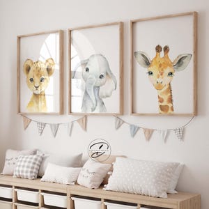 Impressões de parede para quarto de bebê Safari, decoração de quarto de bebê, impressões de animais em aquarela para quarto de bebê, quarto de bebê neutro, decoração de quarto de bebê Safari