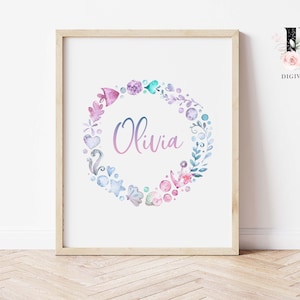 Baby Girl nursery wall art, Under the sea wall art, name art sign print, girls bedroom decor, Floral nursery print, girls bedroom decor