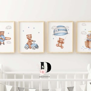 Baby Boy Nursery wall art, Transport prints, Teddy bear wall art, kids room art, bear nursery print, baby boy prints, nursery decor for boys
