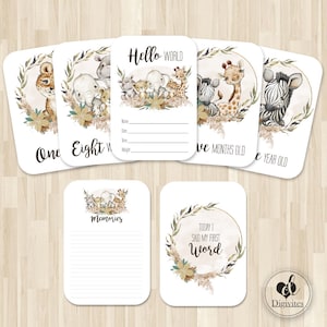 Cartes bébé étape importante | Cartes photo | Jalons | Cartes d'étape | Animaux de safari | botanique | Aquarelle | 40 cartes | Unisexe | la pampa
