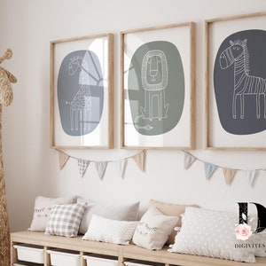 Impresiones de pared de guardería Safari, decoración de guardería para niños, impresiones de guardería Boho, conjunto de 3 impresiones, arte de pared de guardería, impresión de arte lineal, carteles de animales bebés