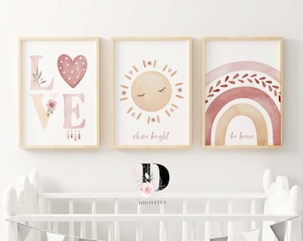 Rainbow Nursery wall art set of 3 prints.  Sunshine print, Love quote, Be Brave Inspirational quote, Nursery prints, Girl nursery decor