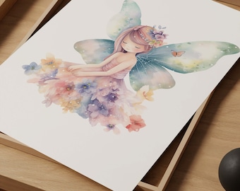 Fairy Print, Floral Nursery Decor, Girls Room Art (Digital Download)