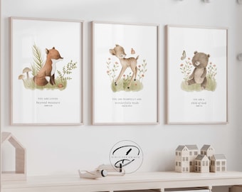 May include: Three watercolor prints featuring a fox, a deer, and a bear with inspirational quotes. The fox print says "You are loved beyond measure." The deer print says "You are fearfully and wonderfully made." The bear print says "You are a child of God."