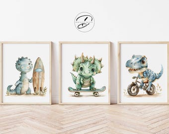 Set of 3 Dinosaur Prints, Dinosaur theme prints, Toddler room decor, Printable wall art, Sport wall decor, Dinosaur riding bike skateboard