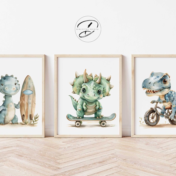 Juego de 3 impresiones de dinosaurios, impresiones temáticas de dinosaurios, decoración de habitación para niños pequeños, arte de pared imprimible, decoración de pared deportiva, dinosaurio montando bicicleta y patineta