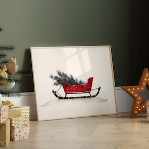 DIGITAL Christmas Sleigh print, Vintage Christmas wall art, Holiday decor, Winter wall art, Horizontal Festive wall art, Printable wall art