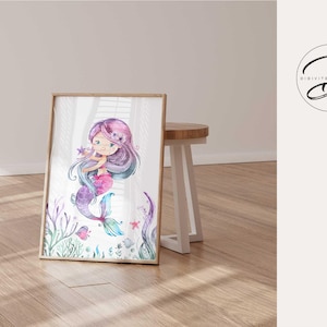 Mermaid Wall Art Print, Girls Bedroom Decor, Under the Sea Nursery Print, Cute Mermaid Poster, Ocean Theme Kids Room Artwork, DIGITAL