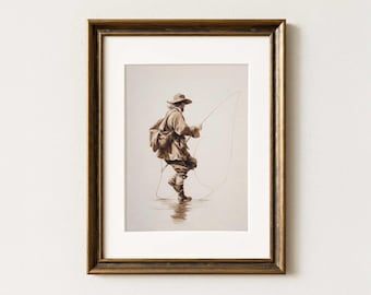 Sepia Fly Fisherman Watercolor Print, Rustic Fishing Wall Art (Digital Download)