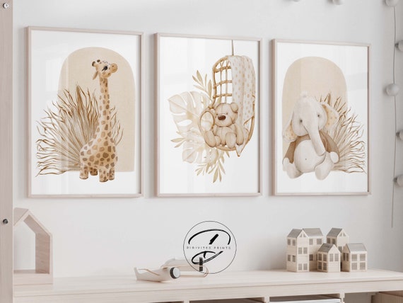 Boho Safari Nursery Prints, Neutral Elephant Giraffe Art (Set of 3) (Digital Download)