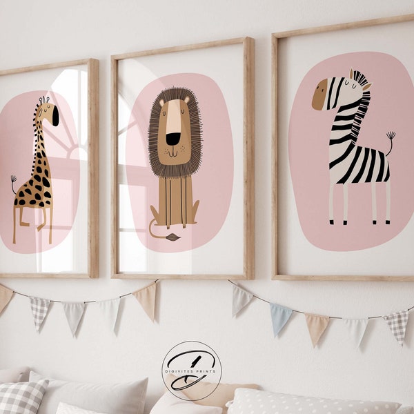 Safari Nursery Wall Prints, Nursery Decor, Boho Nursery Prints, Set of 3 Prints, Pink Nursery Prints, Nursery Wall Art, downloadable prints