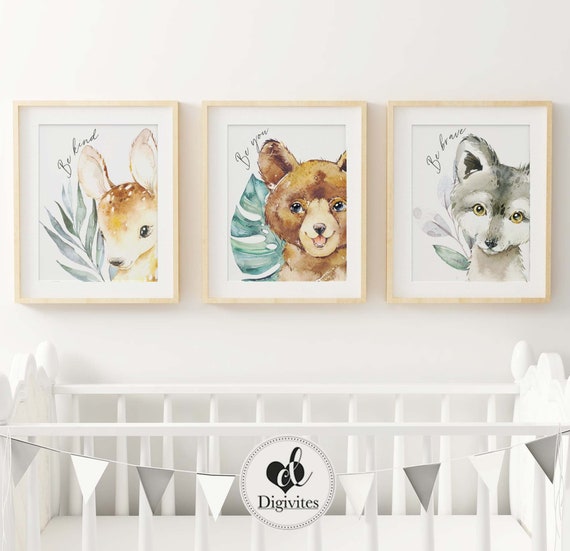 Nursery Wall Art 3 Set Print. Nursery Woodland Animal Print. Bear