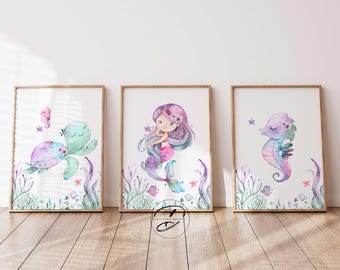 Mermaid Nursery Print Set, Under the Sea Baby Girl Decor
