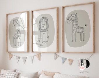 Safari Animals Nursery Prints, Sage Green Line Art, Set of 3 (Digital Download)