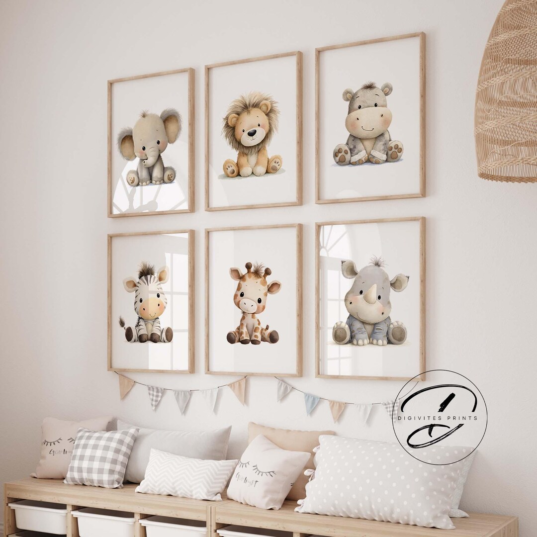 Safari Animal Nursery Prints, Set of 6, Baby Animals Gallery Wall Art ...
