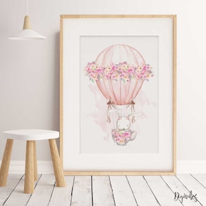 Baby, Girl nursery decor.  Watercolour Woodland Nursery wall art Print. Little Girls bedroom print, Hot Air Balloon, Bunny floral boho art