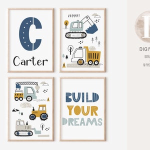 Printable set of 4 Vehicle Prints, Construction wall art, Transportation print, Build. your dreams, Kids gallery wall, truck wall art