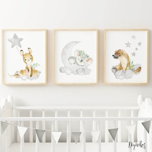 Nursery Wall Art Prints. Baby Nursery decor. Australian Nursery Art. Set of 3. Koala, Kangaroo, Platypus, Southern Cross, Clouds, Moon. star image 1