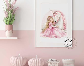 オリジナルユニコーンプリンセスプリント、女の子の部屋の装飾（デジタルダウンロード）