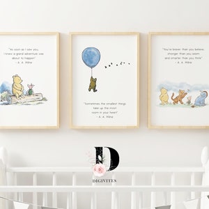 Classic Winnie the Pooh set of 3 quotes. Gender Neutral Nursery prints, Winnie-the-Pooh and friends inspirational quotes, New baby gift