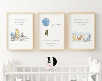 Klassisches Winnie the Pooh-Set mit 3 Zitaten. Geschlechtsneutrale Kinderzimmer-Drucke, inspirierende Zitate von Winnie-the-Pooh und Freunden, Geschenk zur Geburt eines neuen Babys