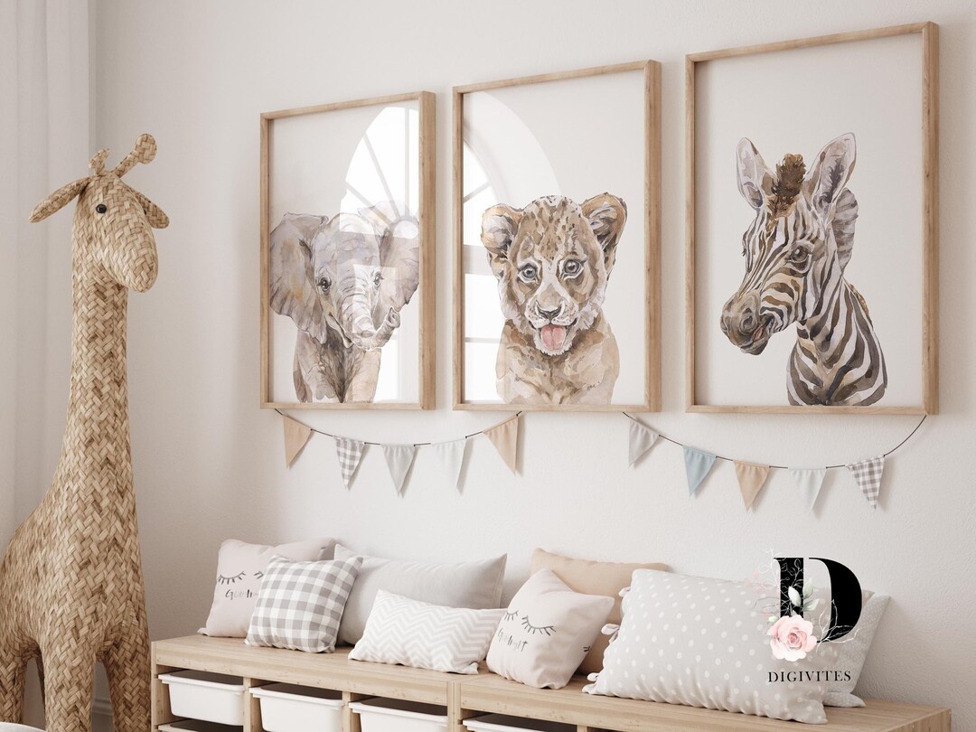 Safari Nursery Wall Art, Set of 3 Baby Animal Prints, Digital Nursery ...