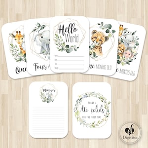 Cartes d'étape non sexiste pour bébé, cartes de mois de bébé, accessoires pour bébé, cadeau de bébé, 40 cartes d'étape importante, animal de safari, premières de bébé,